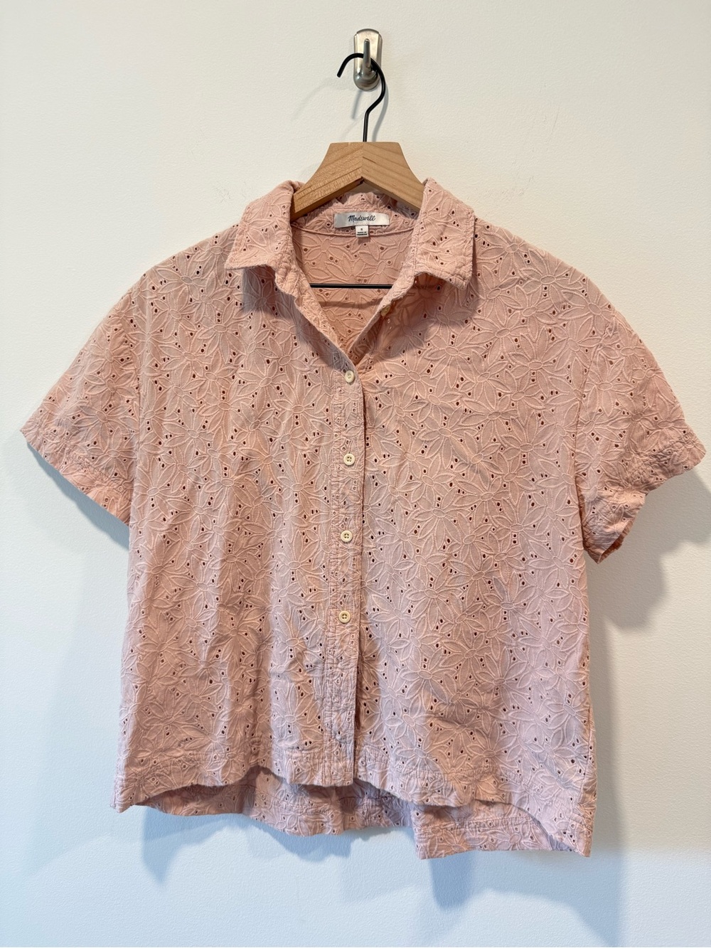 Madewell Soft Pink Eyelet Button-Up Short Sleeve Shirt